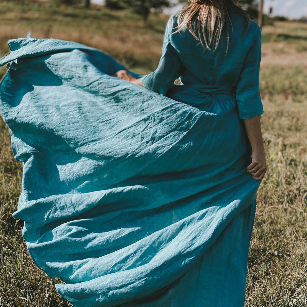 Long Linen Summer Dress with Tie Belt - VisibleArtShop