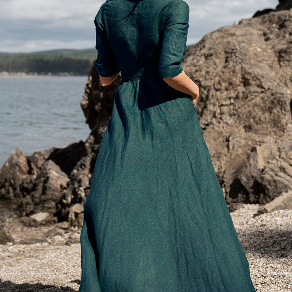 Linen Wrap Dress - Linen Maxi Dress - Linen Summer Dress - Emerald Green Linen Dress