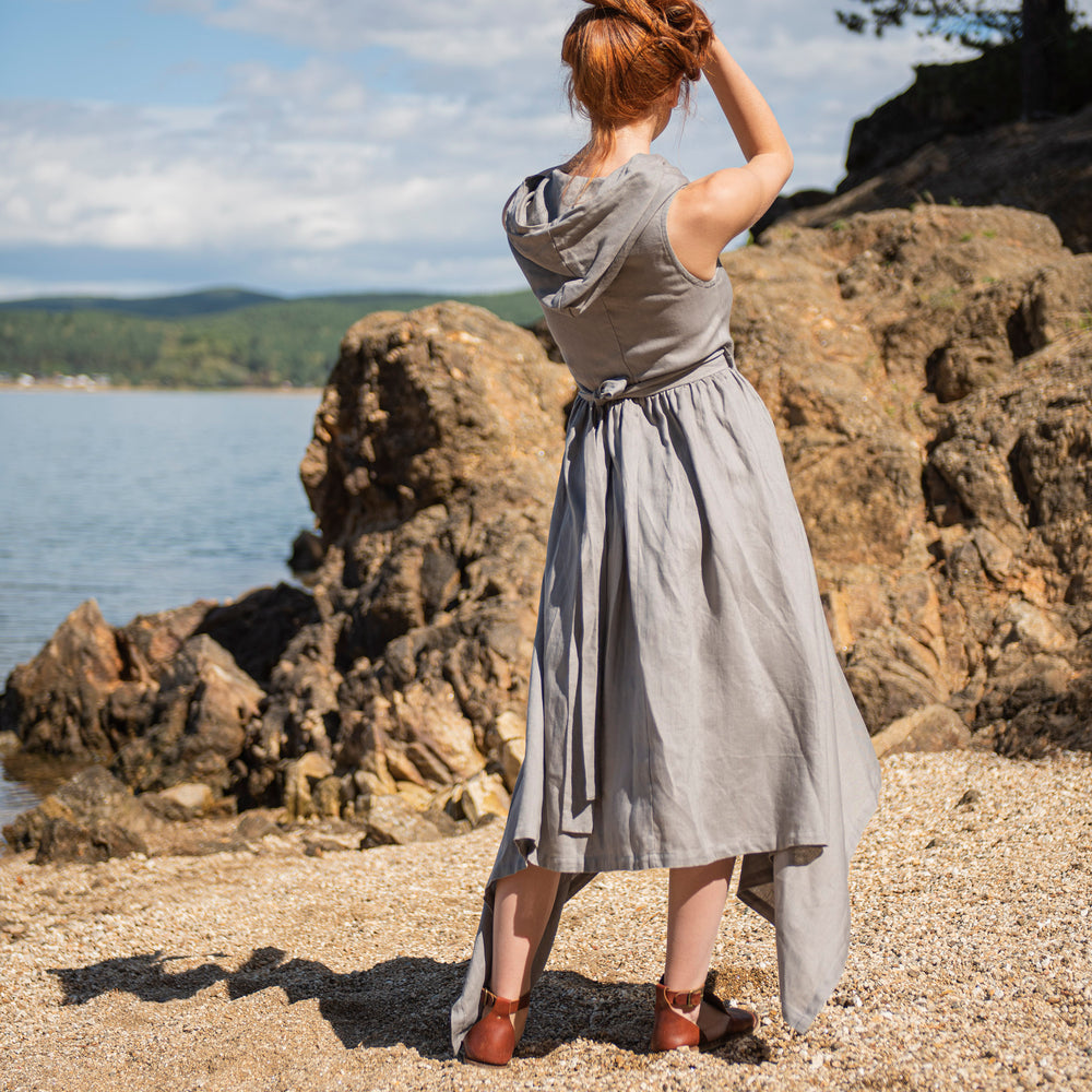 Hooded Linen Asymmetric Dress – Elegant Summer Linen Dress for Women – VisibleArtShop