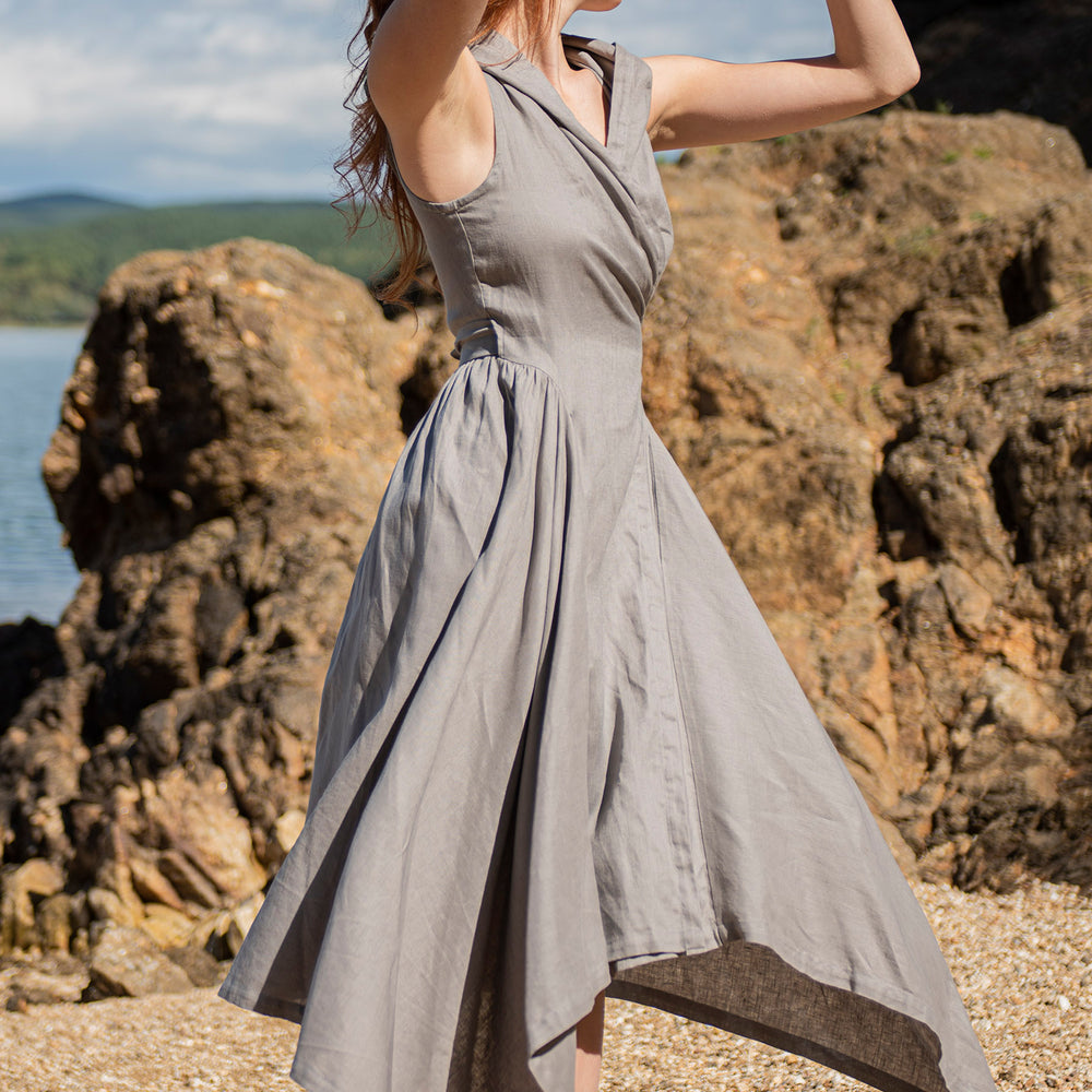 Hooded Linen Asymmetric Dress - VisibleArtShop