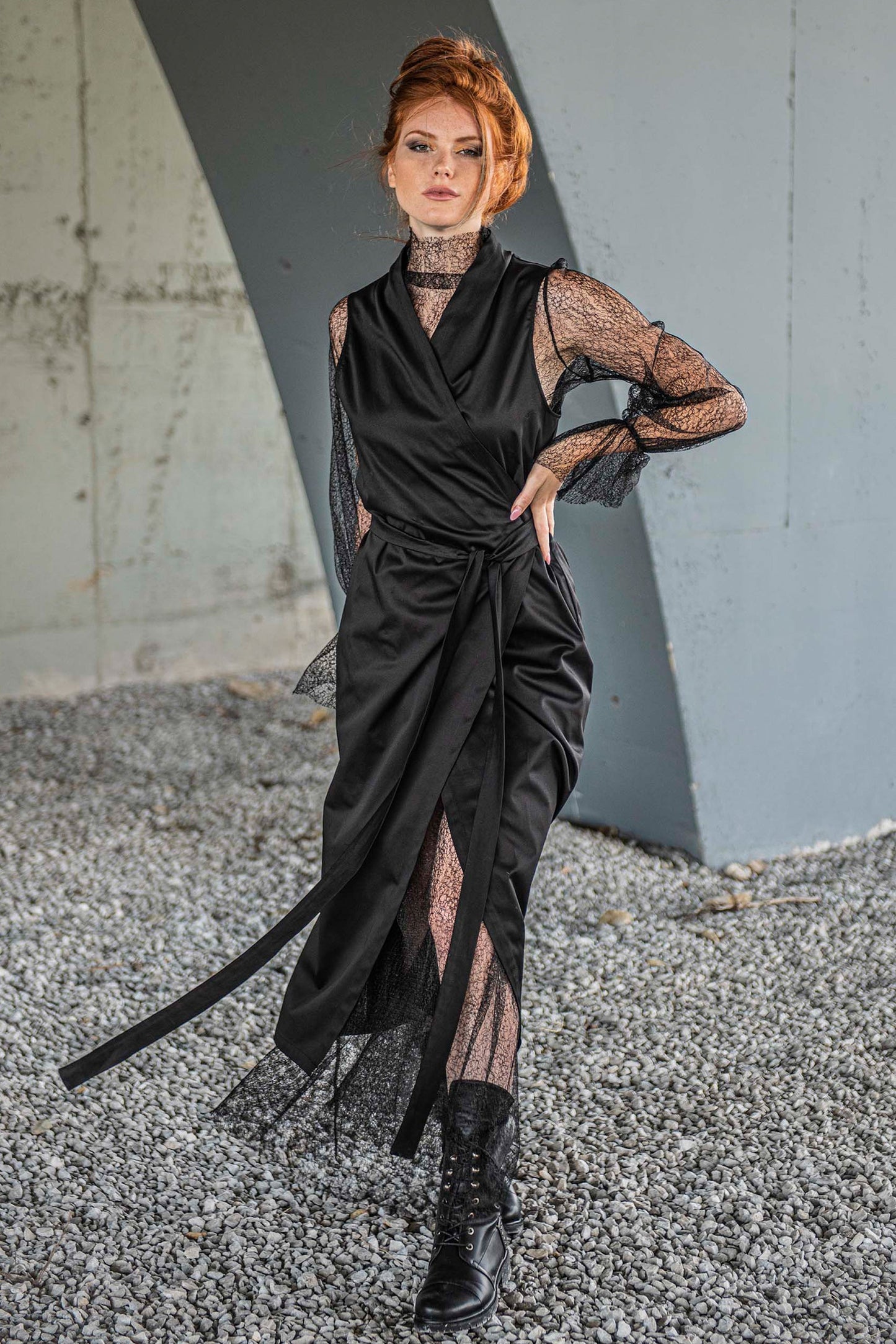 Black Vest Dress with Lace Lining, L Black Vest Dress with Lace Lining, L