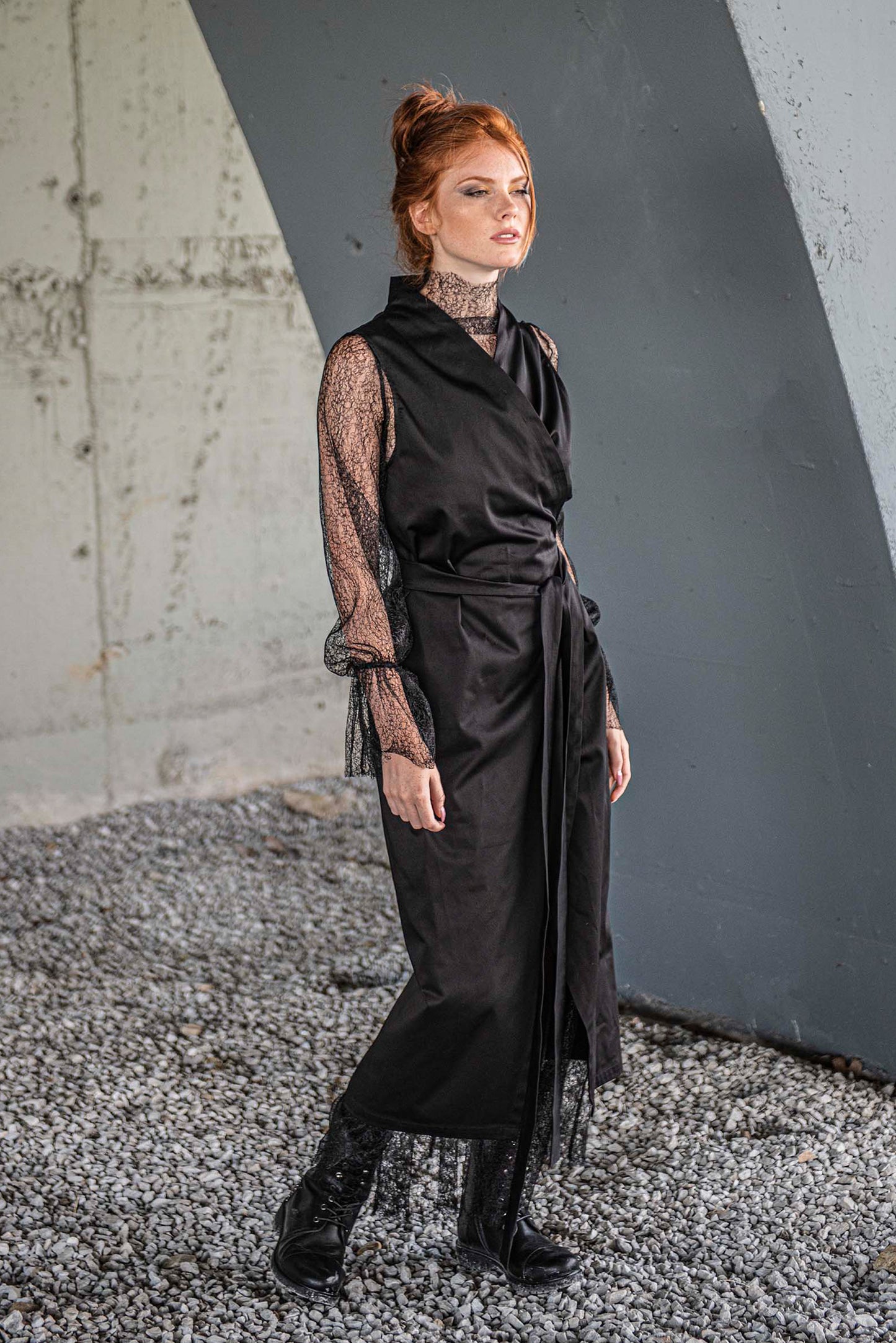 Black Vest Dress with Lace Lining, L Black Vest Dress with Lace Lining, L