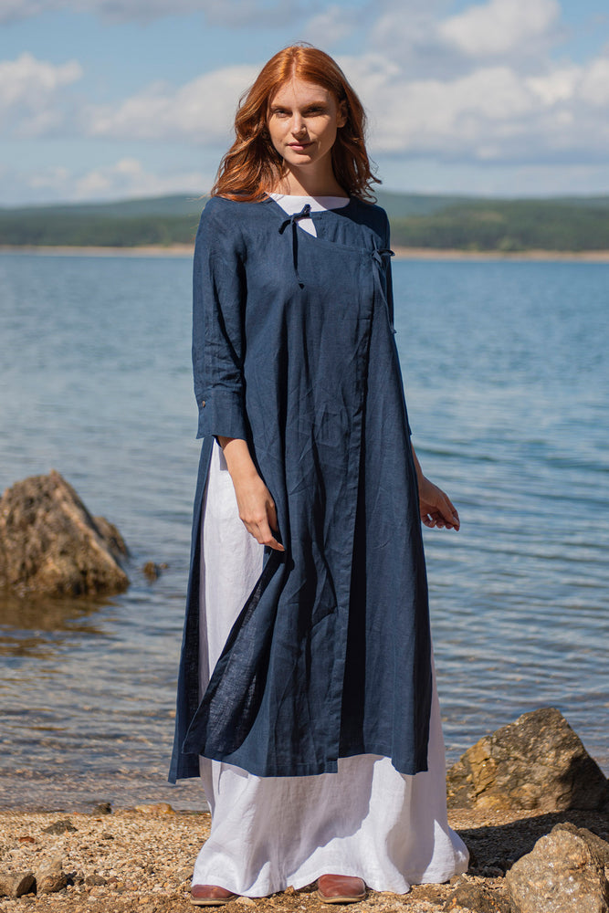 Linen Cardigan with Slits in Night Blue - VisibleArtShop