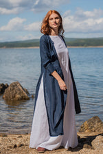 Linen Cardigan with Slits in Night Blue - VisibleArtShop