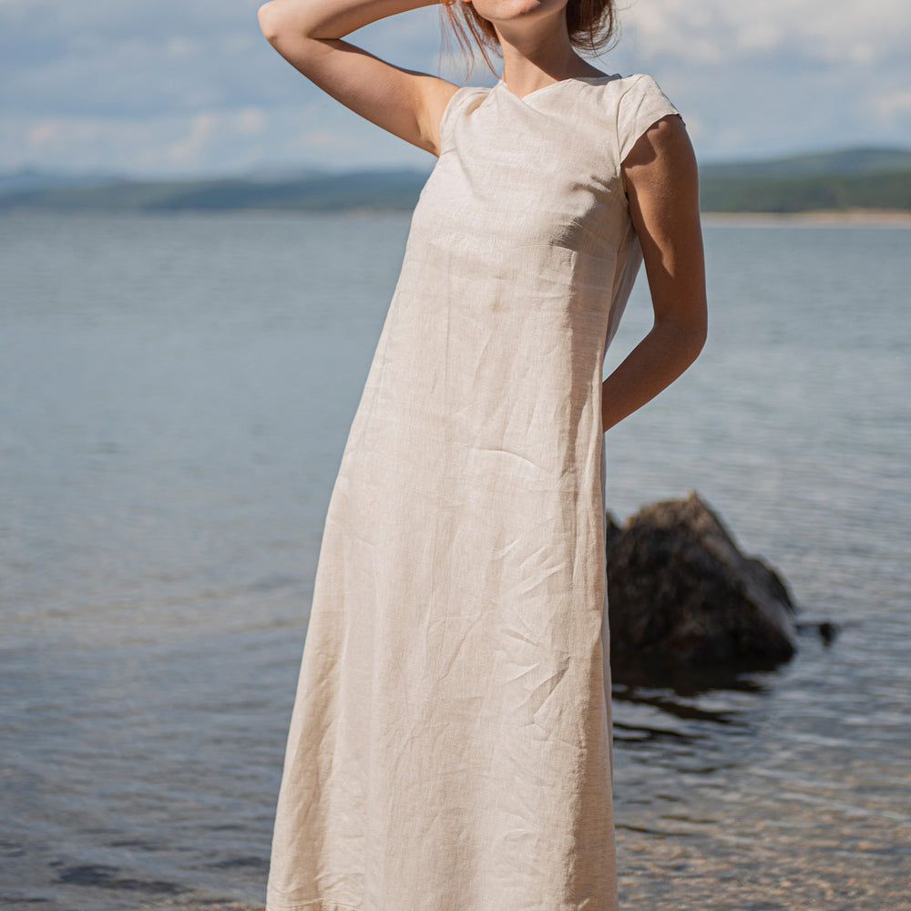 Linen Midi Dress with Cap Sleeves in Natural - VisibleArtShop