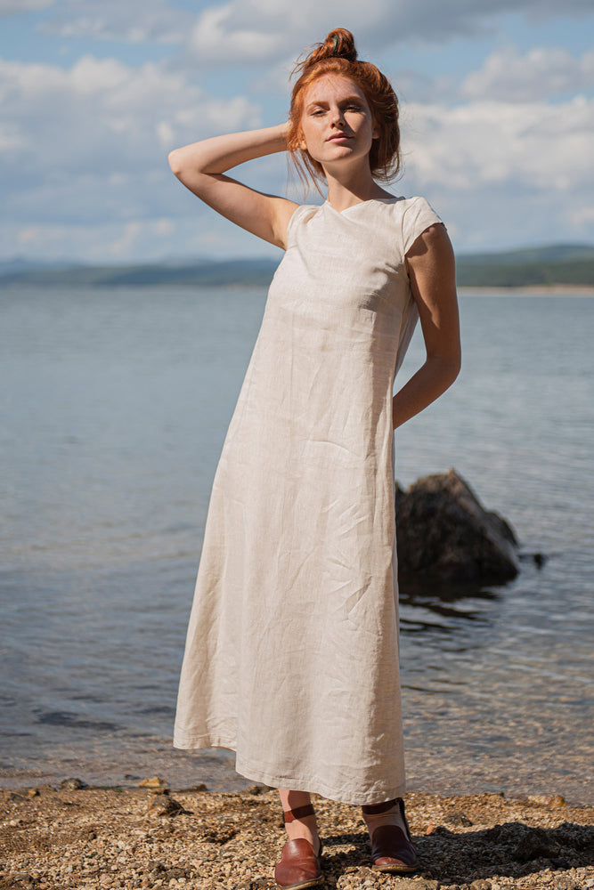 Linen Midi Dress with Cap Sleeves in Natural - VisibleArtShop
