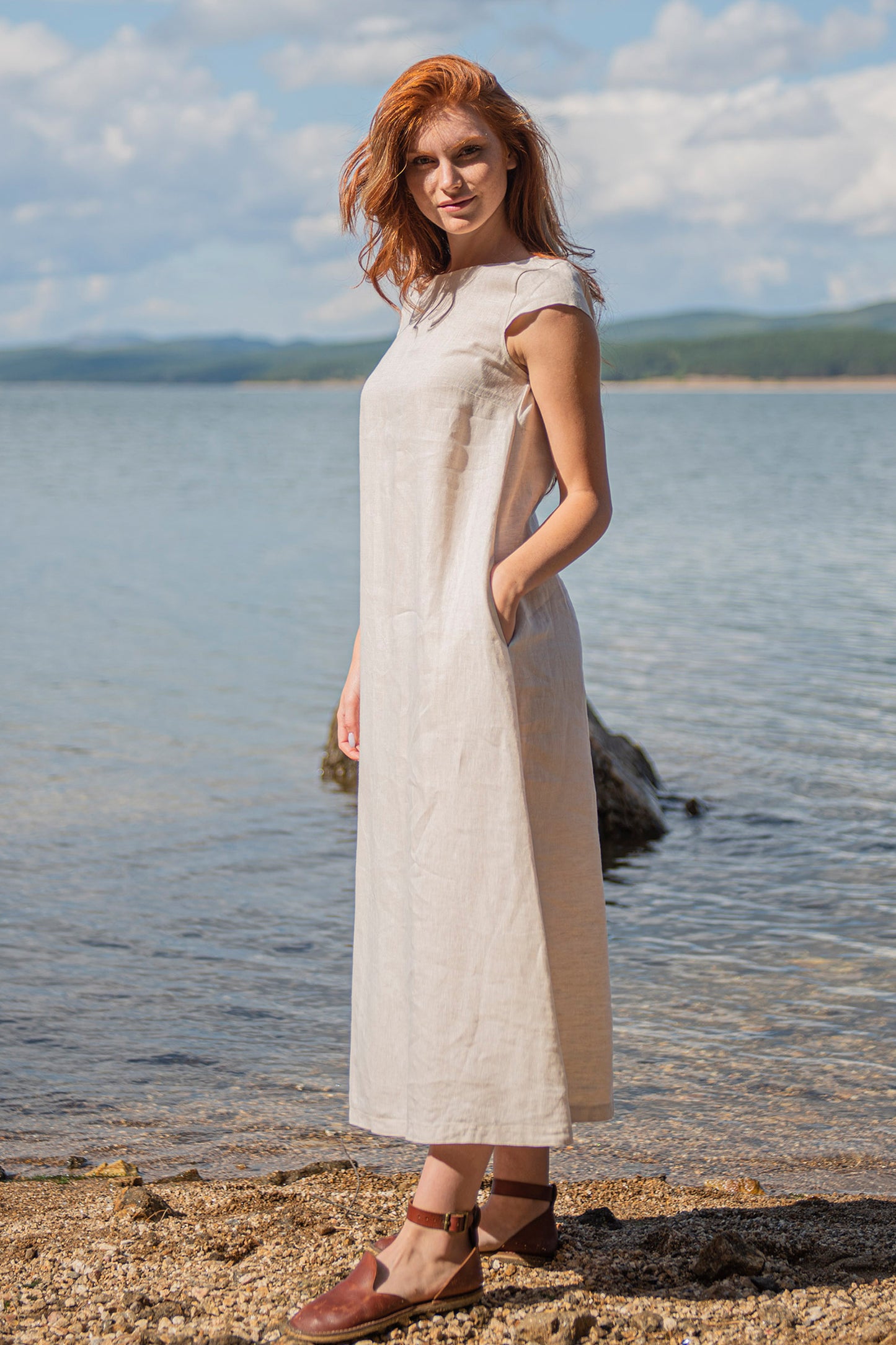linen midi dress with sleeves Lulus | Beige | Womens | X-Small (Available in M) Stand your body flat against the wall Puff-Sleeve Corset Linen Midi Dress