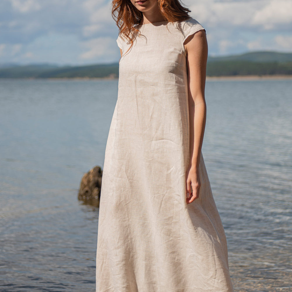 Linen Midi Dress with Cap Sleeves in Natural - VisibleArtShop