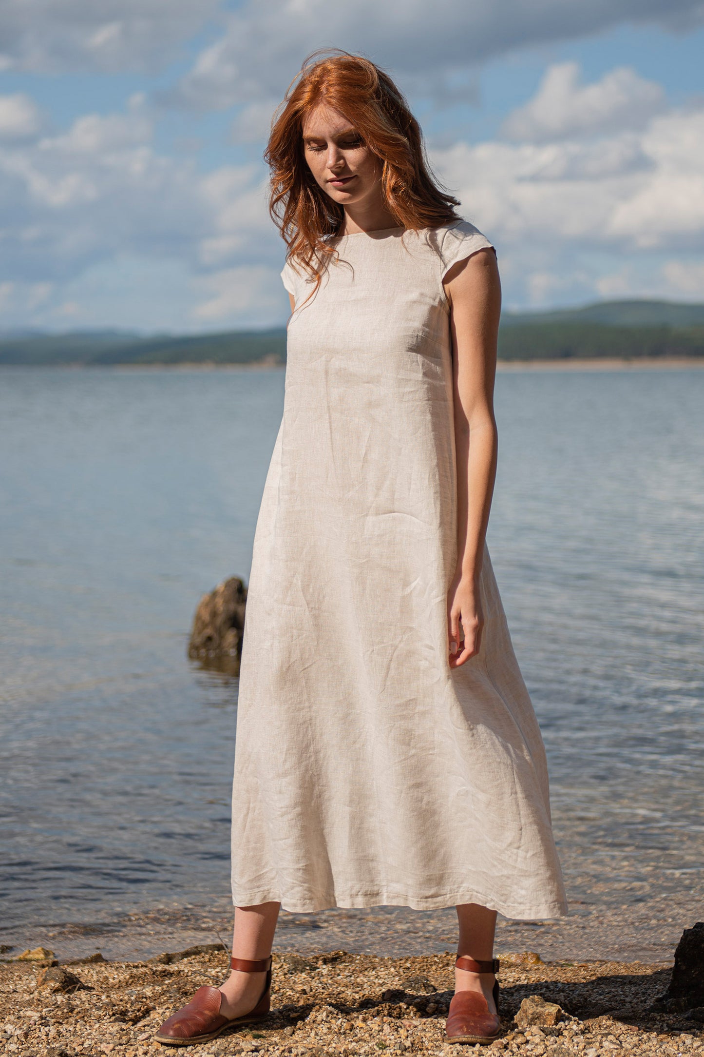 Linen Midi Dress with Cap Sleeves in Natural - VisibleArtShop