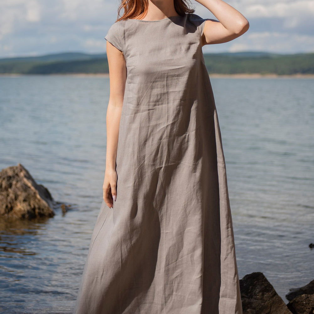 
                      
                        Long Linen Dress with Cap Sleeves - VisibleArtShop
                      
                    