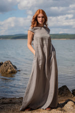 Linen Maxi Dress with Cap Sleeves - VisibleArtShop