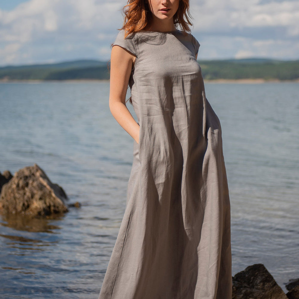 
                      
                        Long Linen Dress with Cap Sleeves - VisibleArtShop
                      
                    