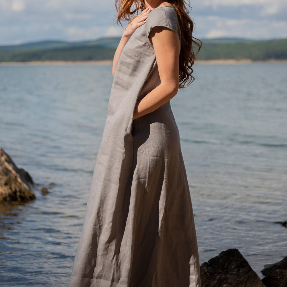 
                      
                        Long Linen Dress with Cap Sleeves - VisibleArtShop
                      
                    