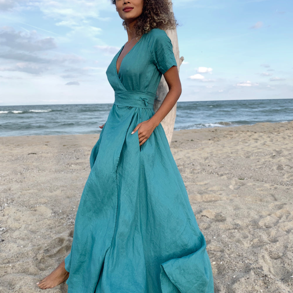 Linen Wrap Dress, Summer Maxi Dress with Belt, Bohemian Linen Dress, Formal Linen Dress for Women, Linen Clothing, Plus Size Maxi Dress, XL / Night