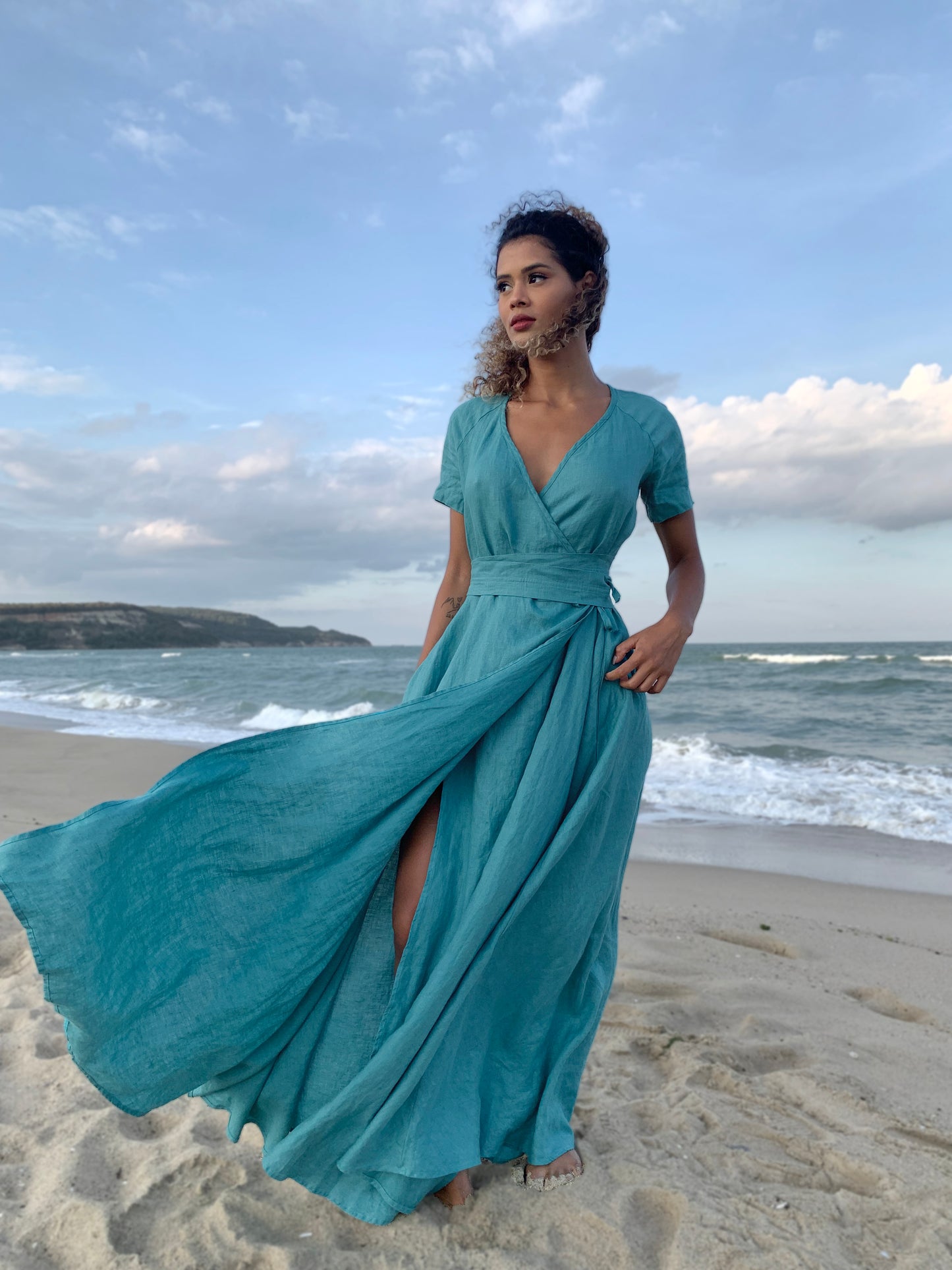 Maxi Linen Gown - Summer Wrap Dress with Tie Belt for Elegant Look VisibleArtShop Maxi Linen Gown - Summer Wrap Dress with Tie Belt for Elegant Look VisibleArtShop