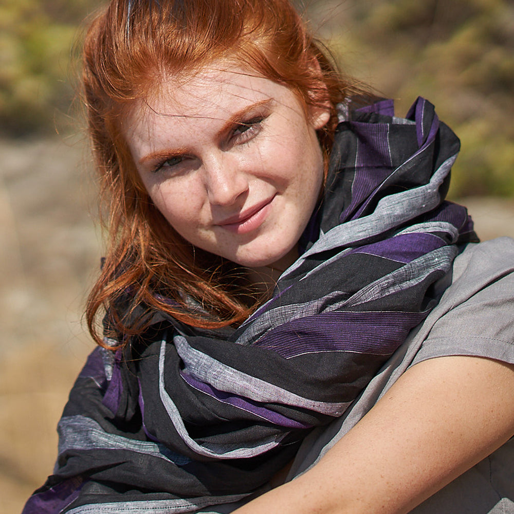 Gray & Purple Striped Linen Scarf, VisibleArtShop