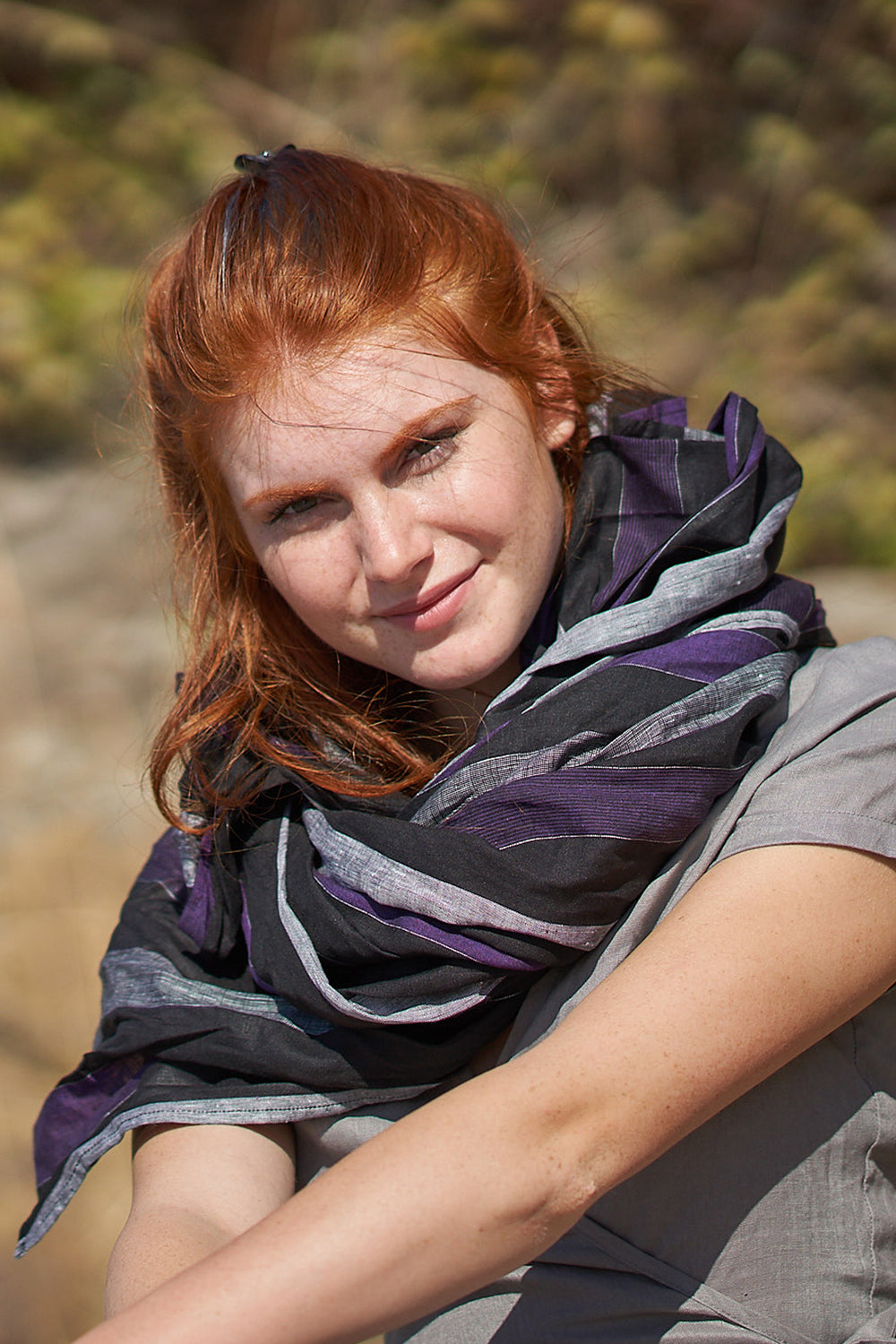 Gray & Purple Striped Linen Scarf, VisibleArtShop