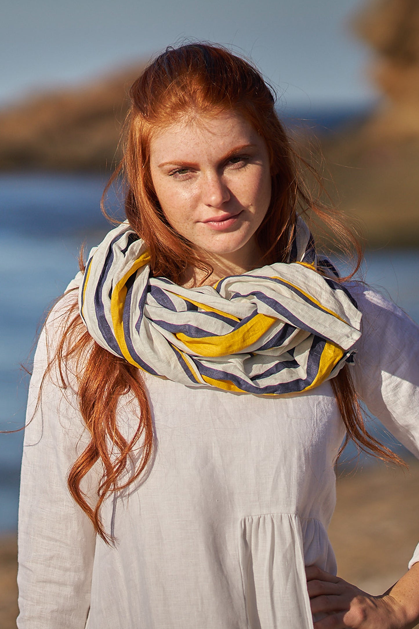 Mustard Striped Natural Linen Scarf, VisibleArtShop