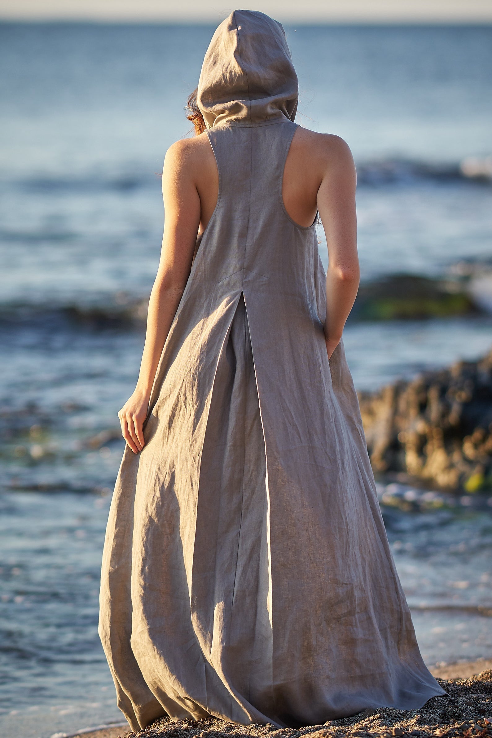 Hooded Linen Maxi Dress with Pockets, Summer Sleeveless Long Dress by VisibleArt, M / Gray