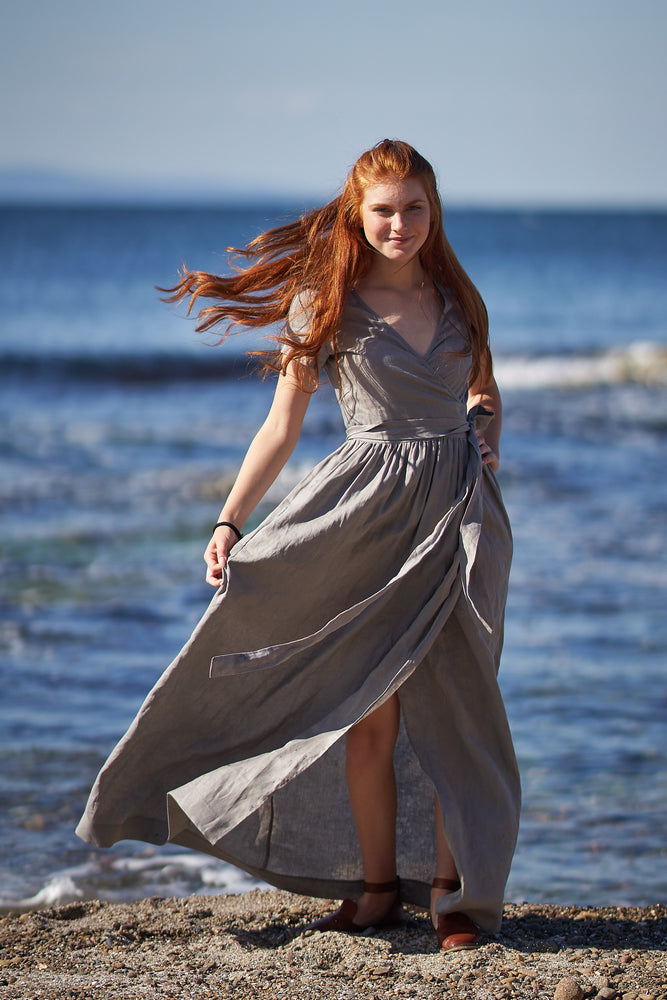 Linen Wrap Dress in Gray - VisibleArtShop