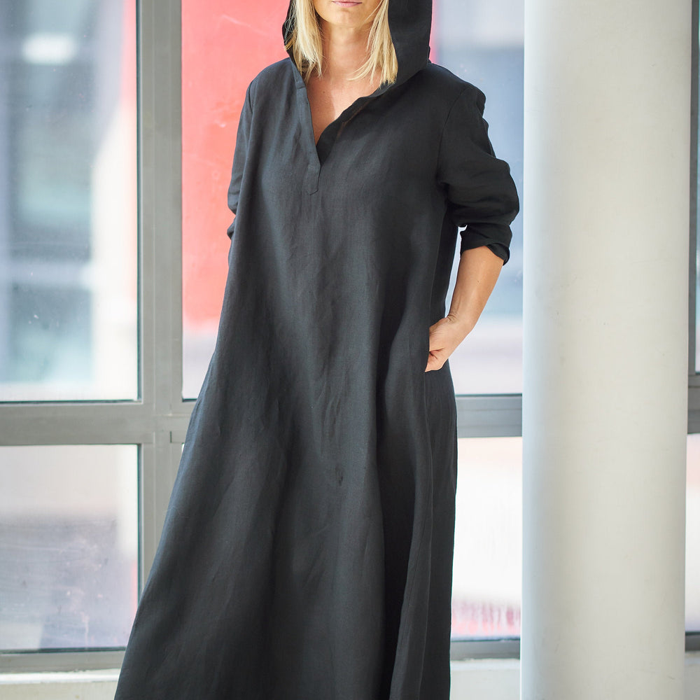 Hooded Linen Kaftan Dress in Black - VisibleArtShop