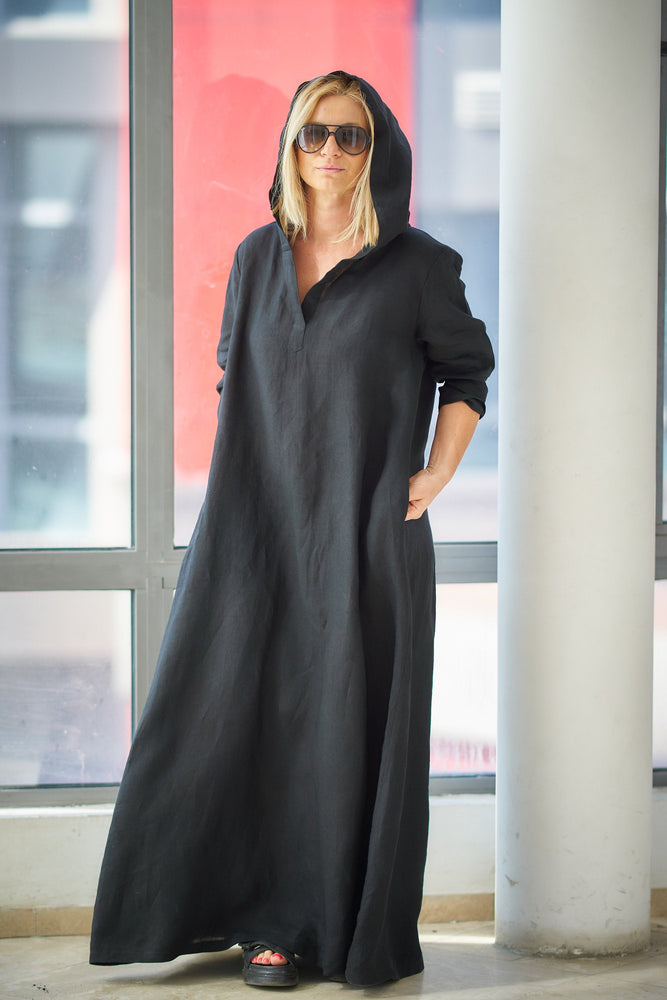 Hooded Linen Kaftan Dress in Black - VisibleArtShop