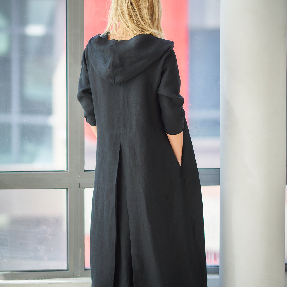 Hooded Linen Kaftan Dress in Black - VisibleArtShop