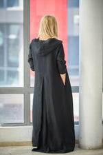 Hooded Linen Kaftan Dress in Black - VisibleArtShop