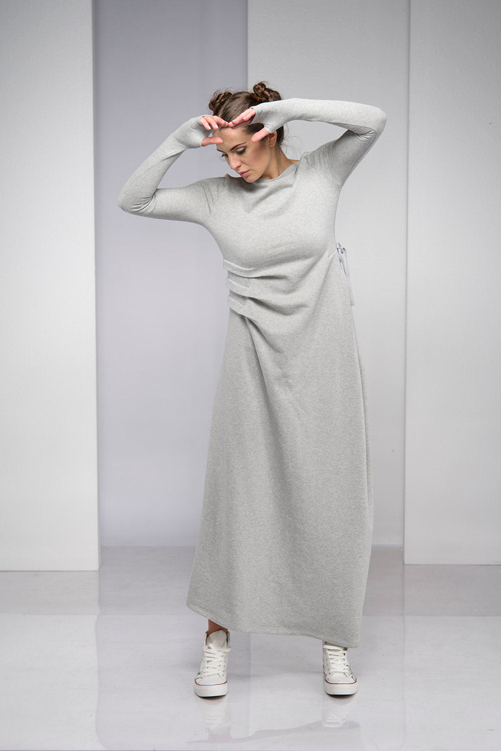 Gray Maxi Dress with Waist Accent - VisibleArtShop