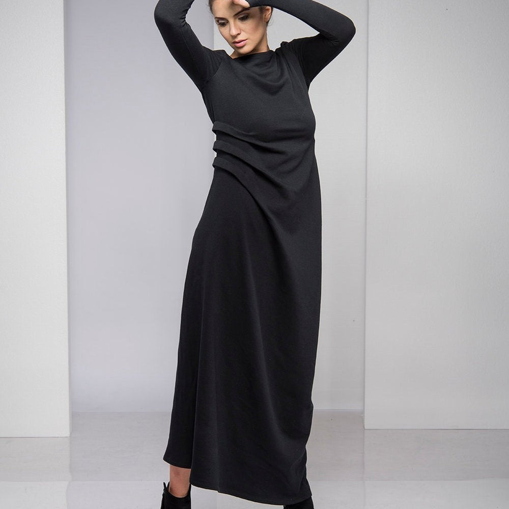 Black Maxi Dress with Waist Accent - VisibleArtShop