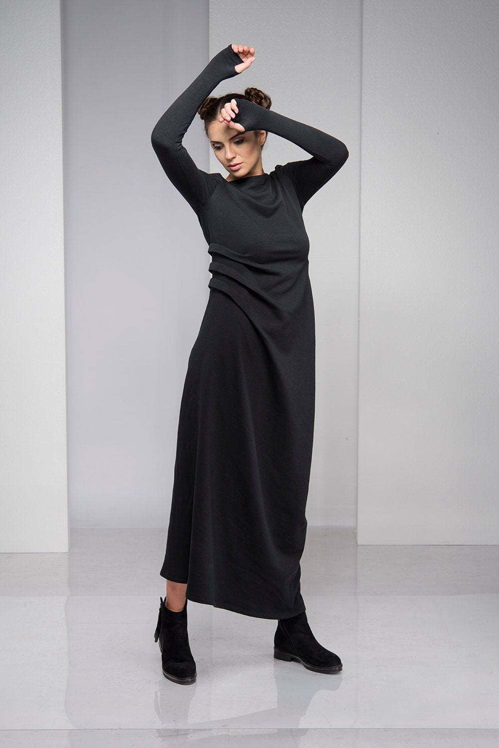 Black Maxi Dress with Waist Accent - VisibleArtShop