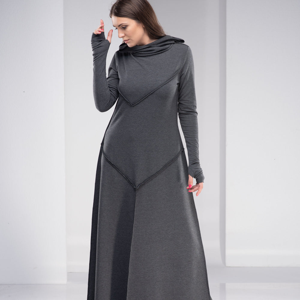 VisibleArt women's long wool dress with hood; gray color