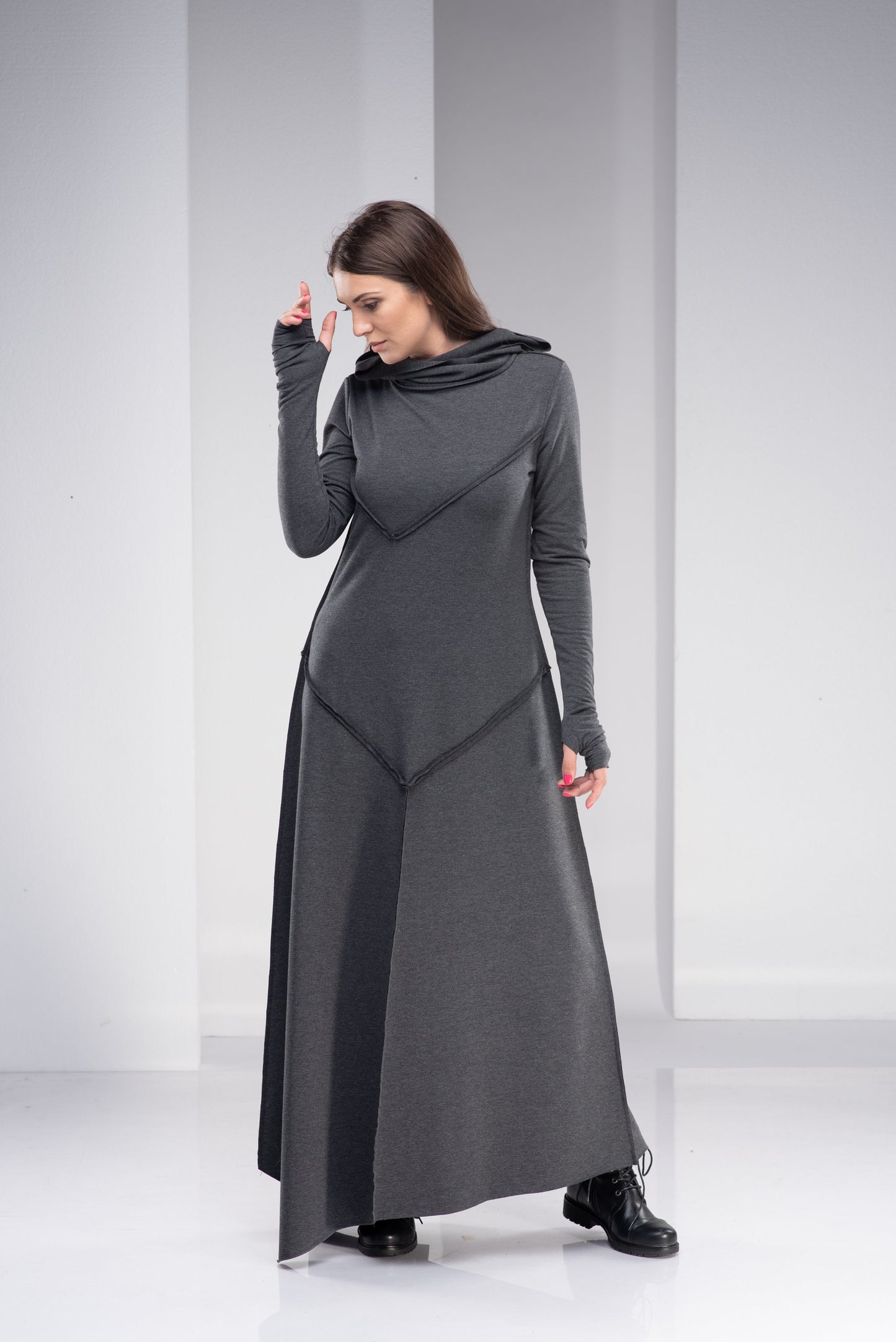 VisibleArt women's long wool dress with hood; gray color