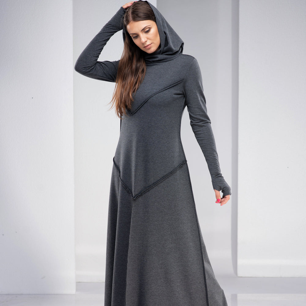 VisibleArt women's long wool dress with hood; gray color