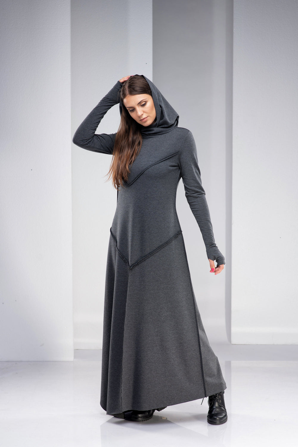 VisibleArt women's long wool dress with hood; gray color