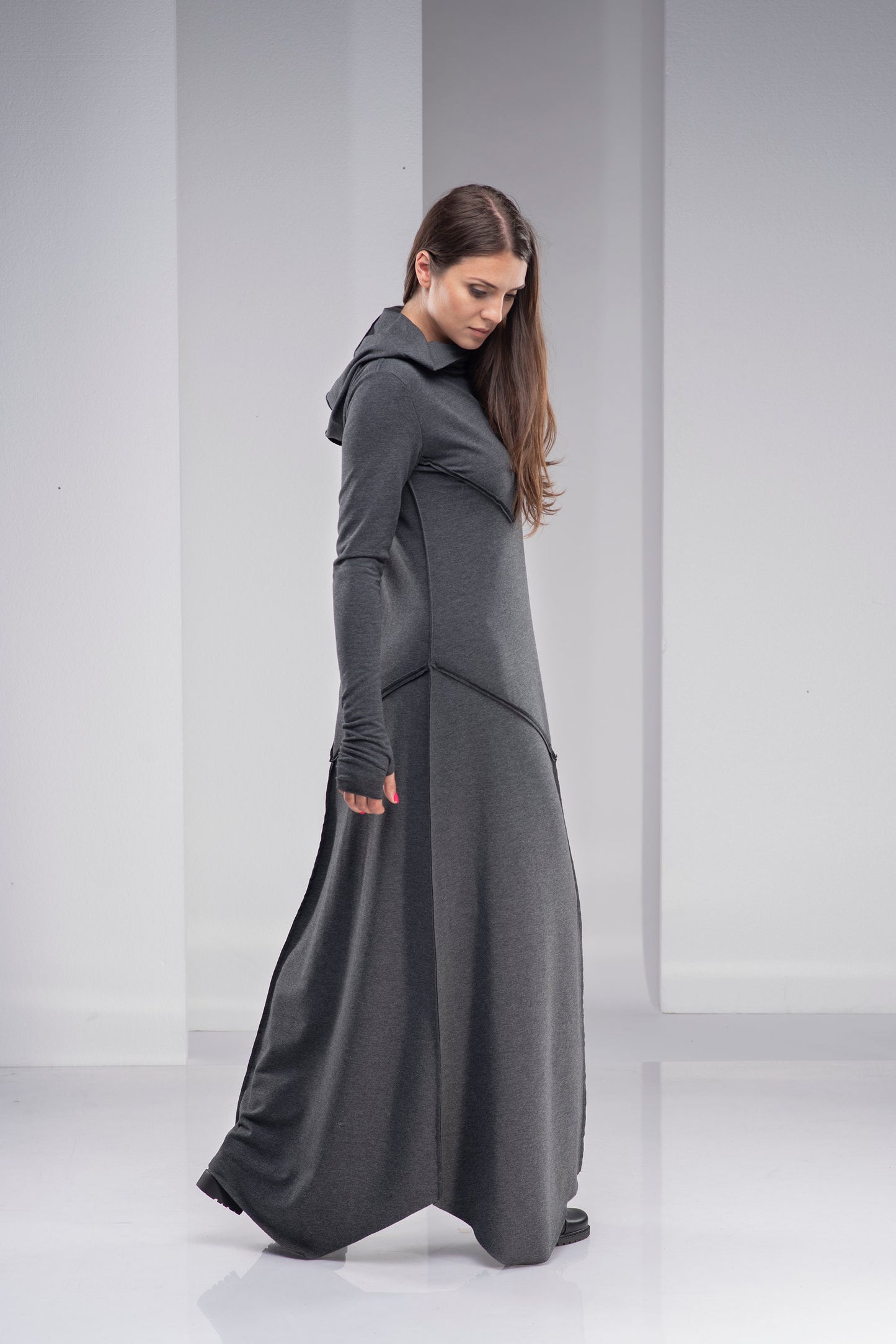 Gray Hooded Maxi Dress, VisibleArtShop