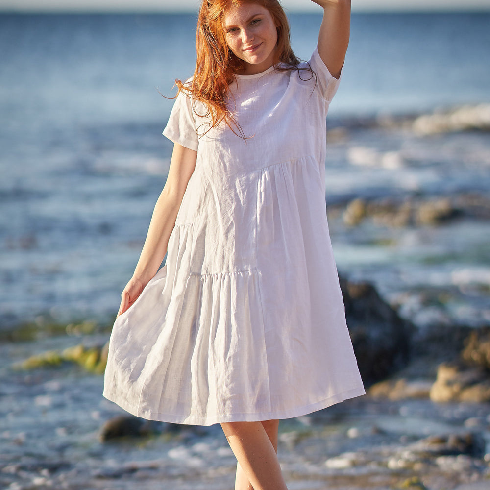 Short Sleeve Smock Linen Dress - VisibleArtShop