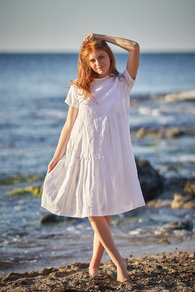 Short Sleeve Smock Linen Dress - VisibleArtShop
