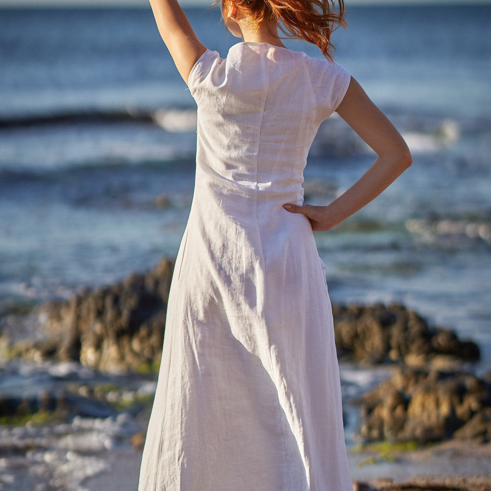 
                      
                        Long Linen Dress with Ruched Waist, VisibleArtShop
                      
                    