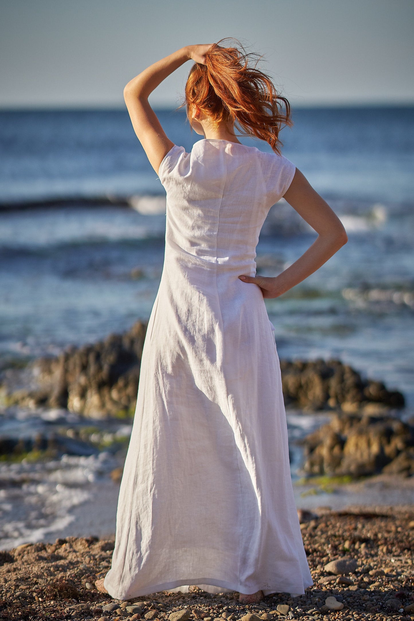 Long Linen Dress with Ruched Waist, VisibleArtShop