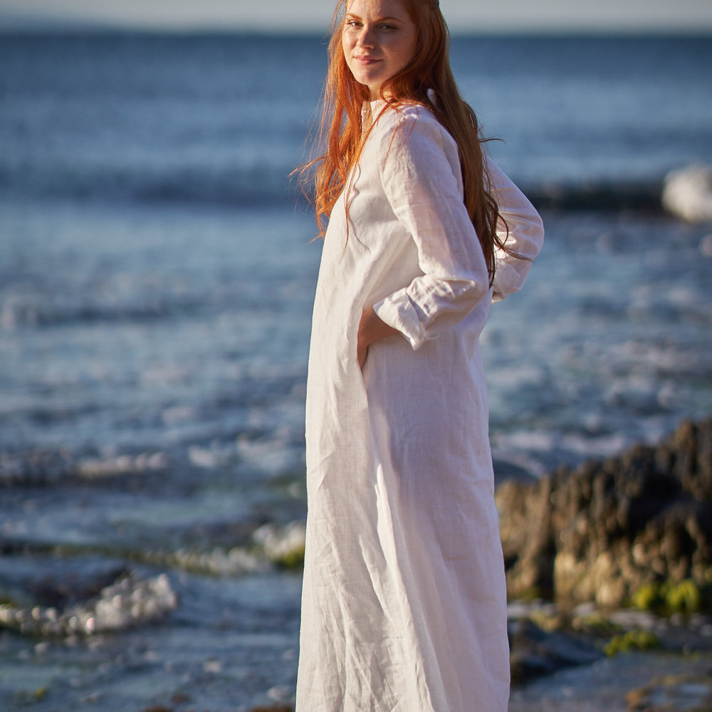 Full Sleeve Linen Kaftan Dress, Maxi Shirt Dress, Beach Dress, Modest Dress, Linen Maxi Dress, White Linen Dress, Plus Size Linen Clothing, M