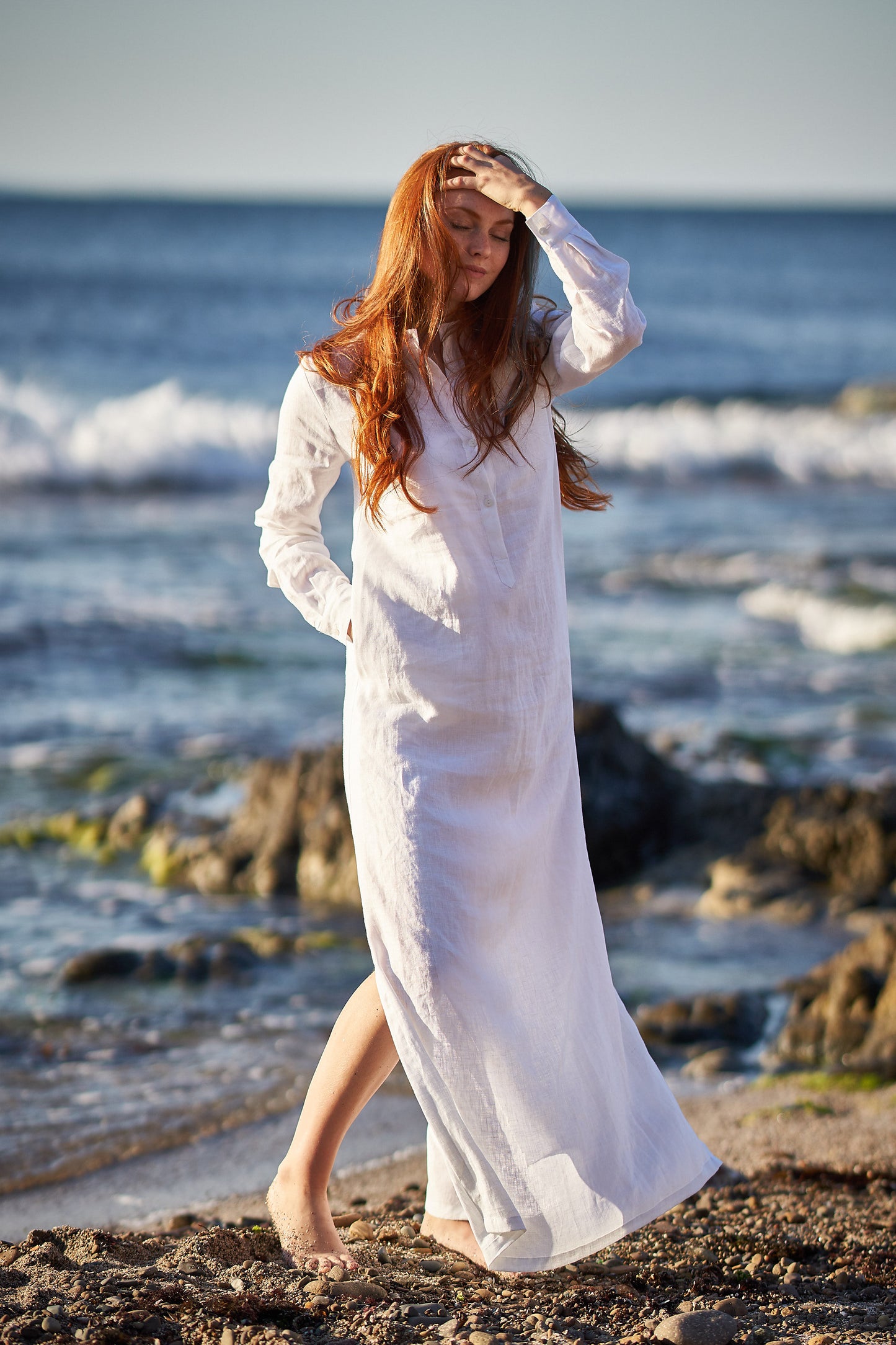 Linen Kaftan Shirt Dress in White, VisibleArtShop