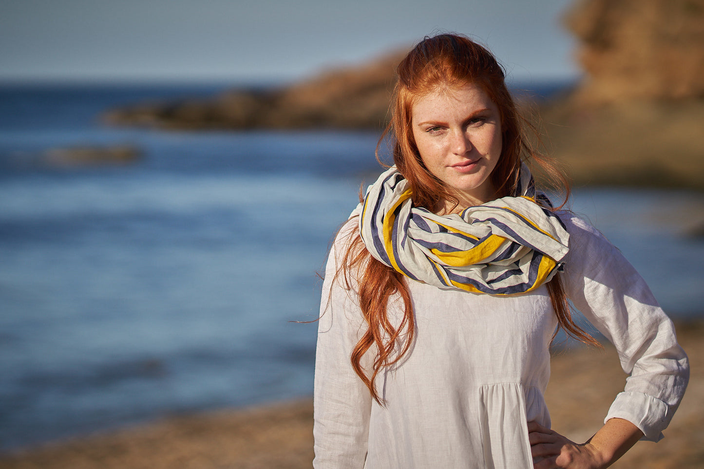 Gray & Purple Striped Linen Scarf, VisibleArtShop