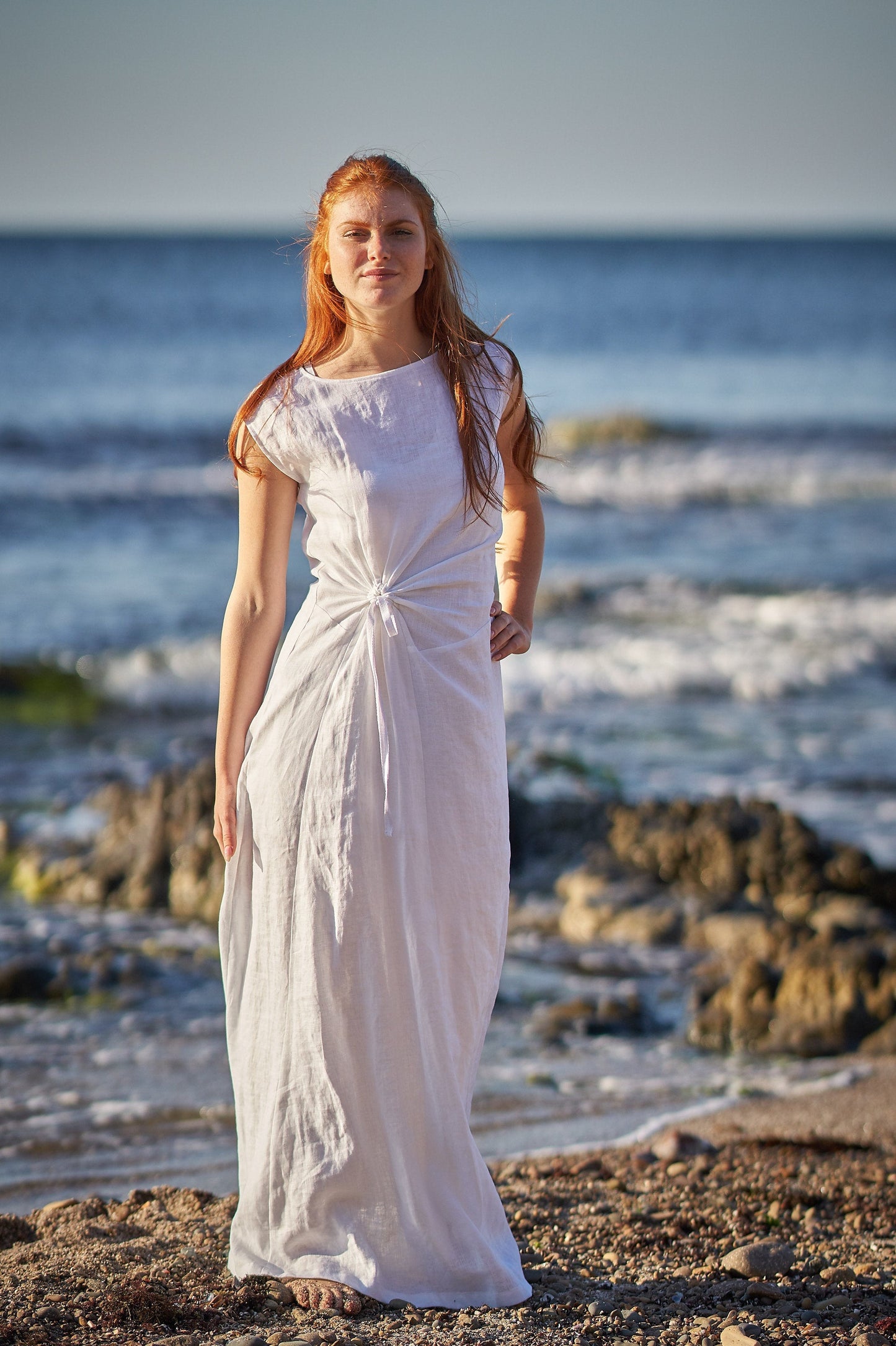 Long Linen Dress with Ruched Waist, VisibleArtShop