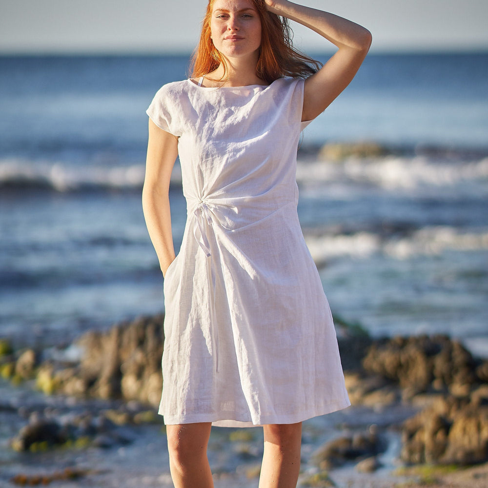 Linen Midi Dress with Ruched Waist - VisibleArtShop