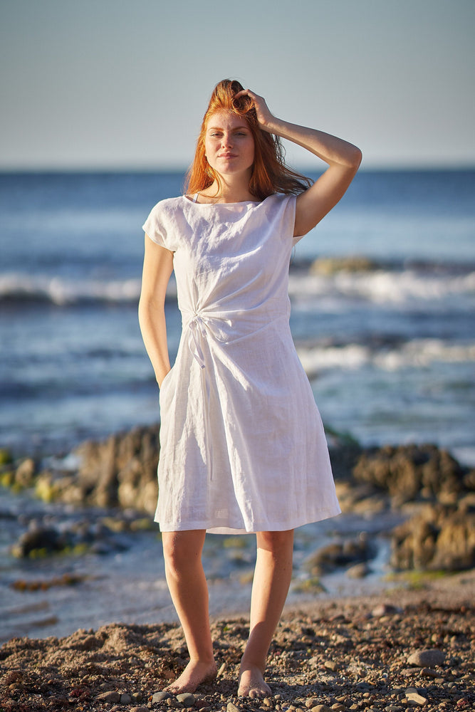 Linen Midi Dress with Ruched Waist - VisibleArtShop