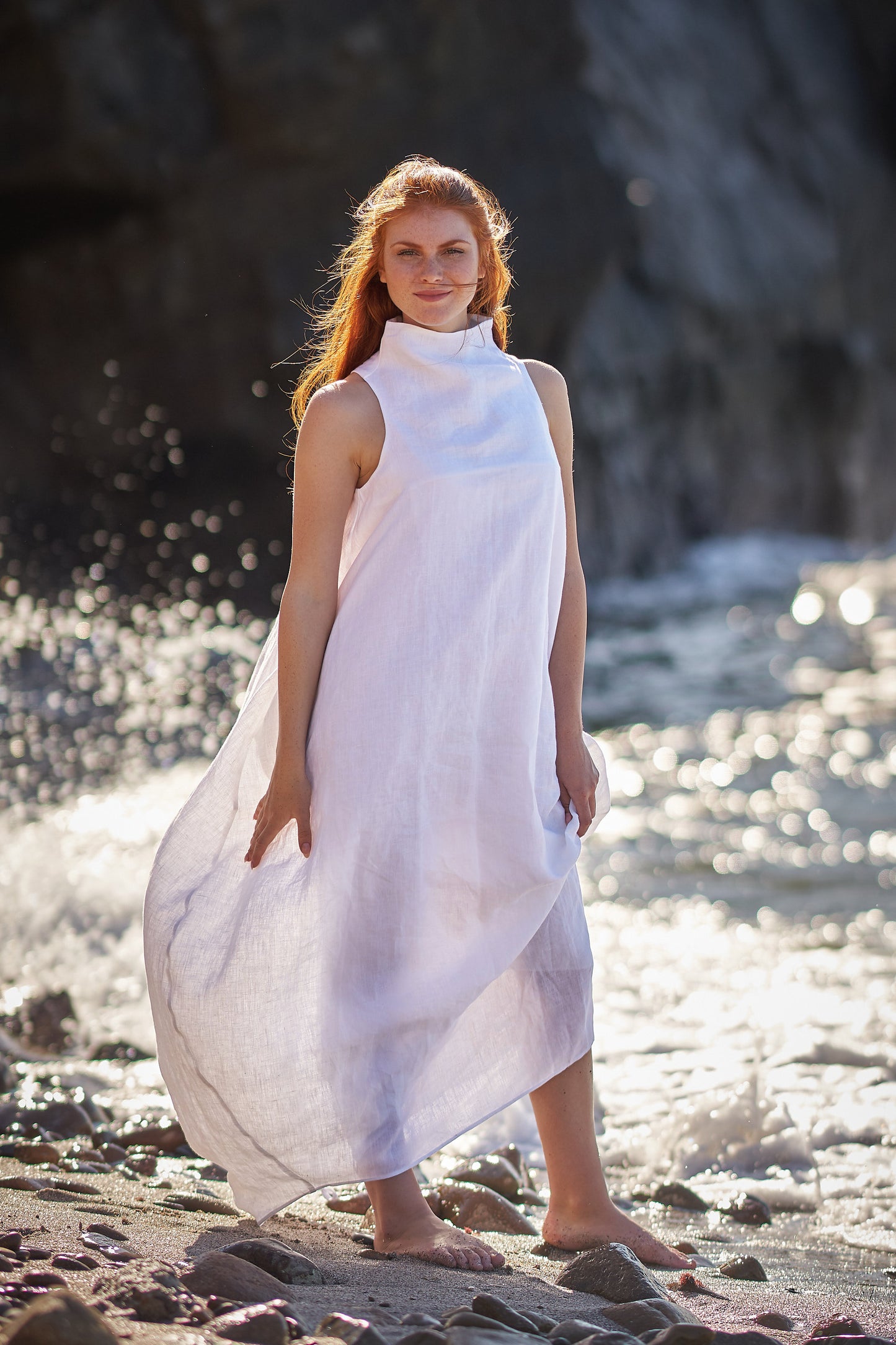 Cowl Neck Linen Dress in White - VisibleArtShop