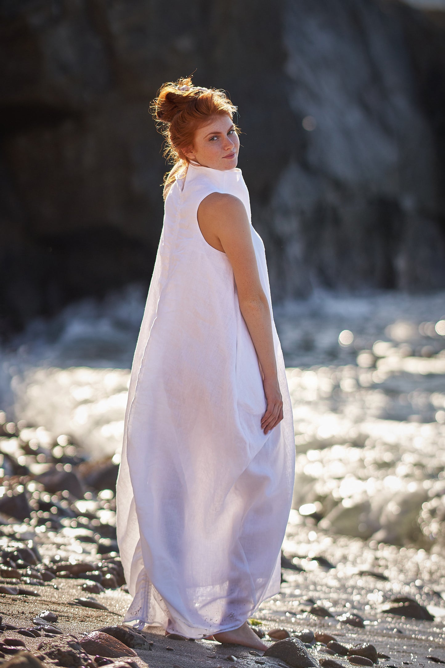 Cowl Neck Linen Dress in White, VisibleArtShop