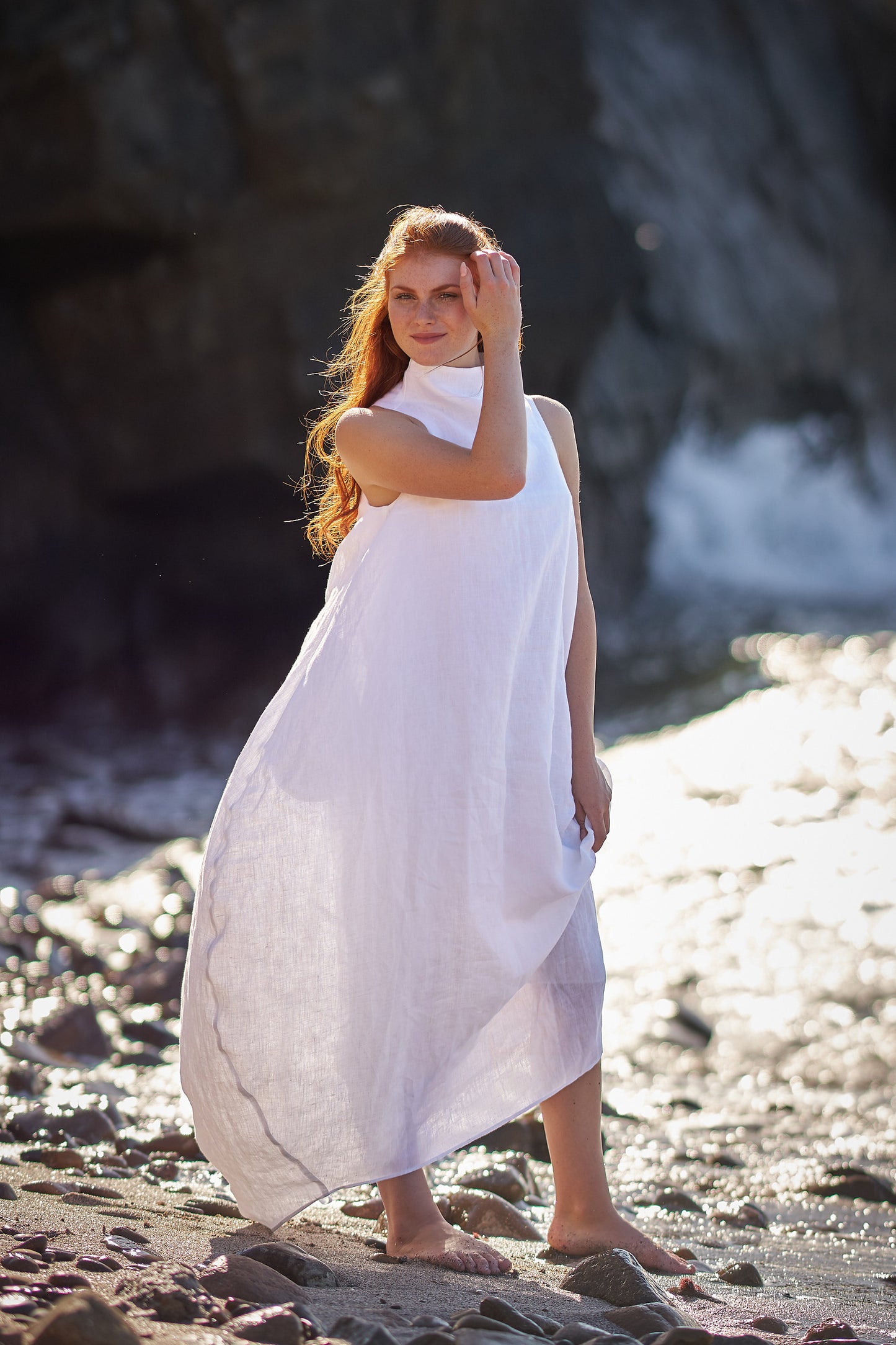 Cowl Neck Linen Dress in White, VisibleArtShop