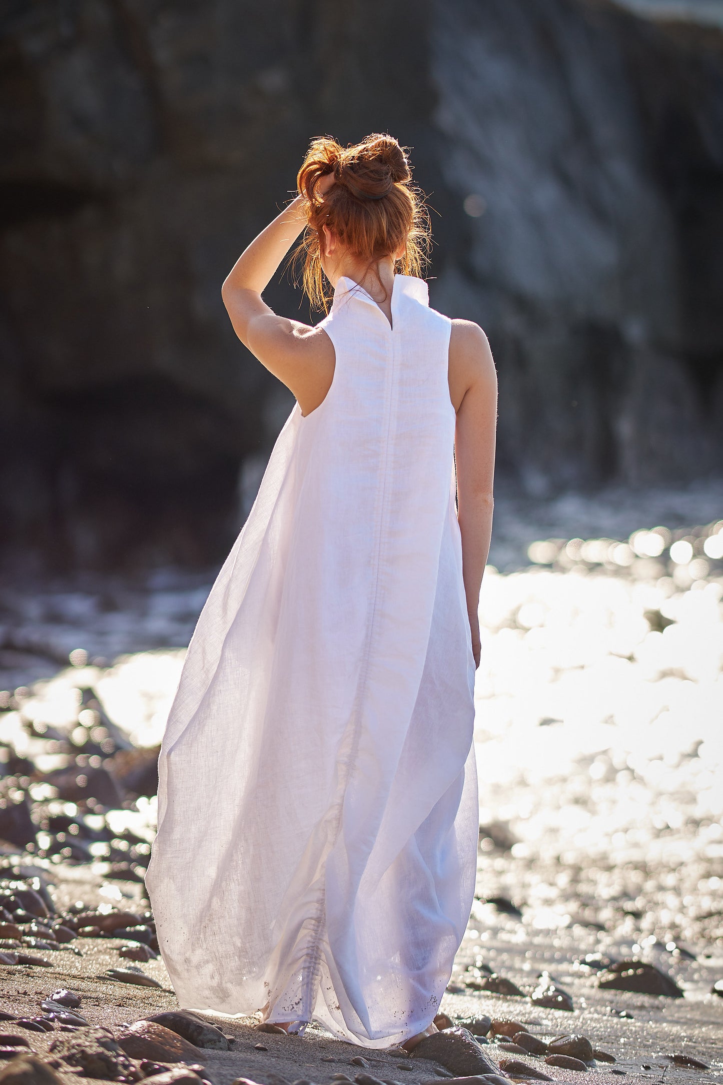 Cowl Neck Linen Dress in White, VisibleArtShop